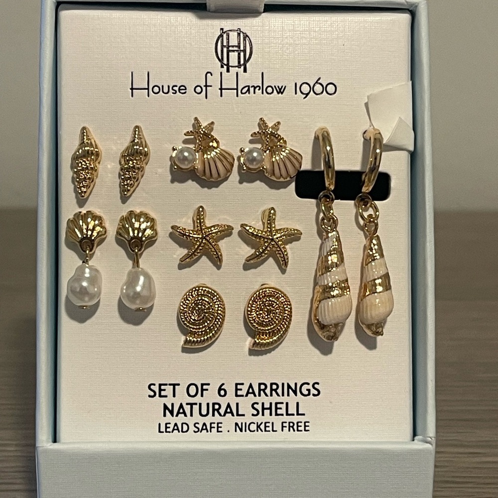 House of Harlow 1960 Gold and Cream Shell Earring Collection Set of 6